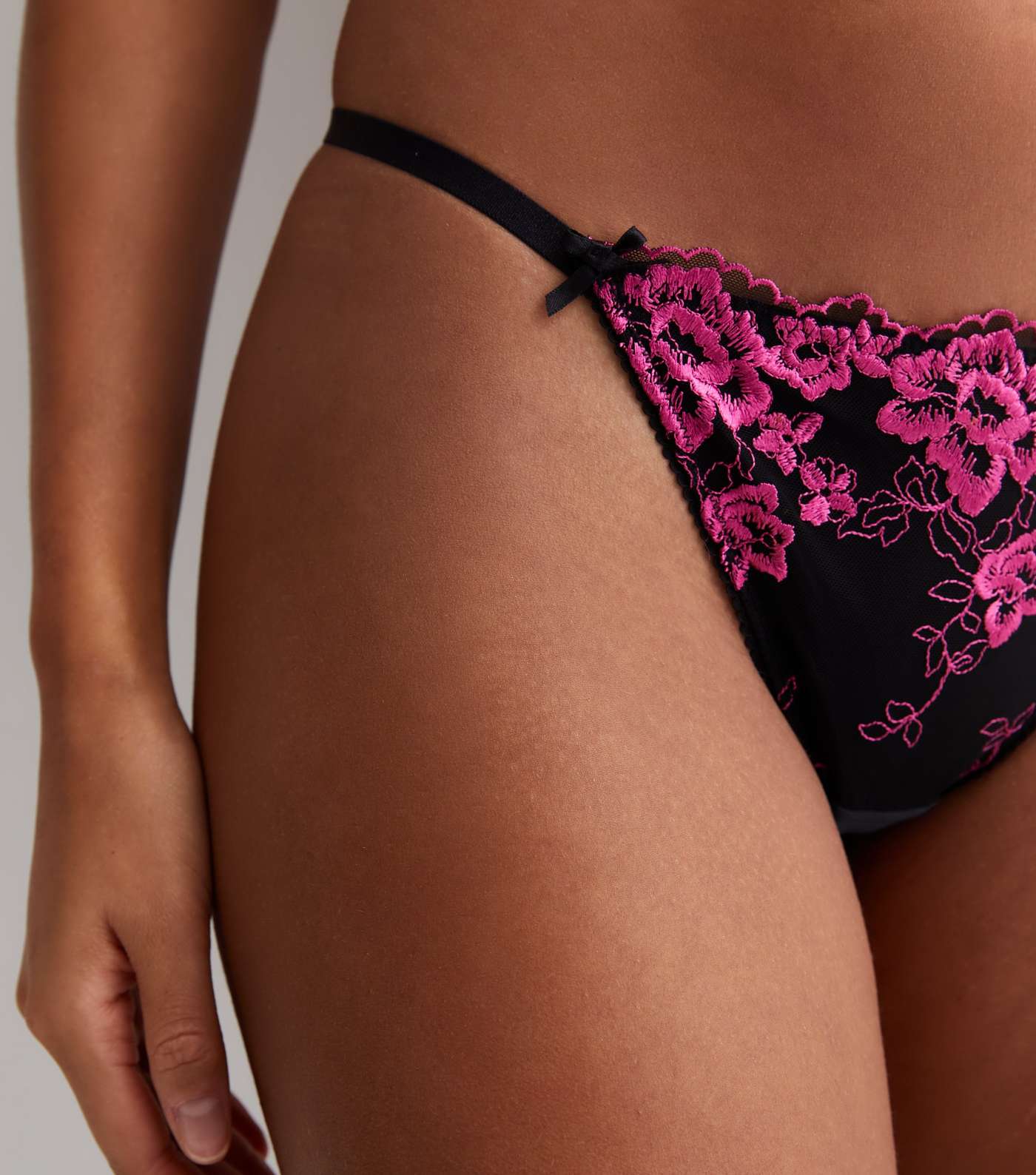 Pink Floral Embroidered Thong Image 3