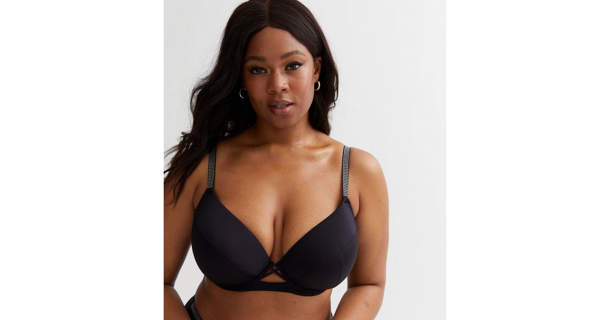 Curves Black Diamanté Strap Bra New Look