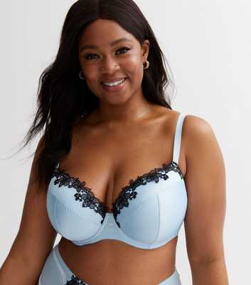 Curves Pale Blue Lace Trim Plunge Bra