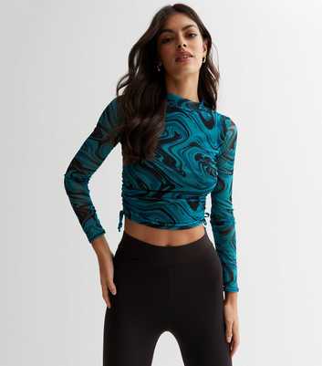 Pink Vanilla Teal Marble Mesh High Neck Ruched Long Sleeve Crop Top