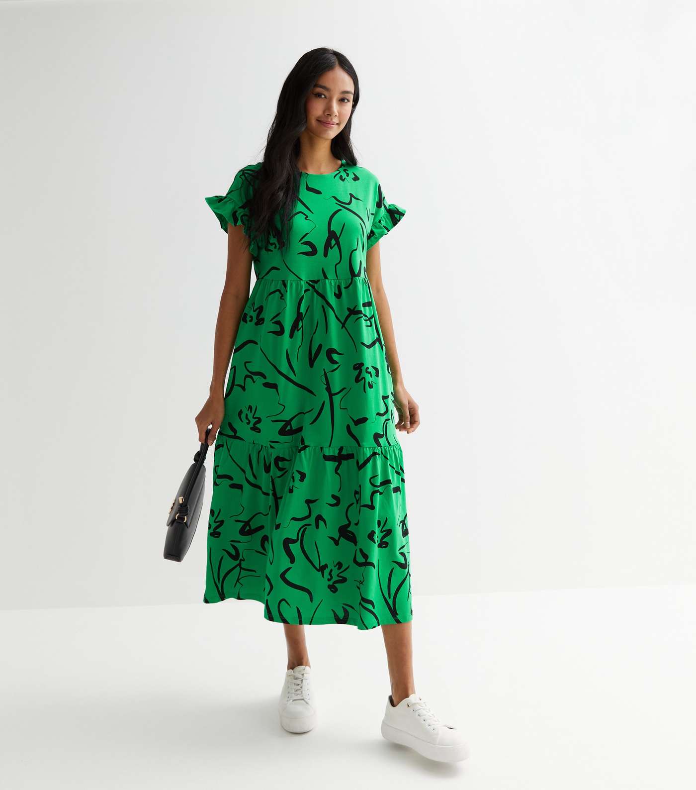 Green Abstract Short Frill Sleeve Midi Smock Dress Image 2