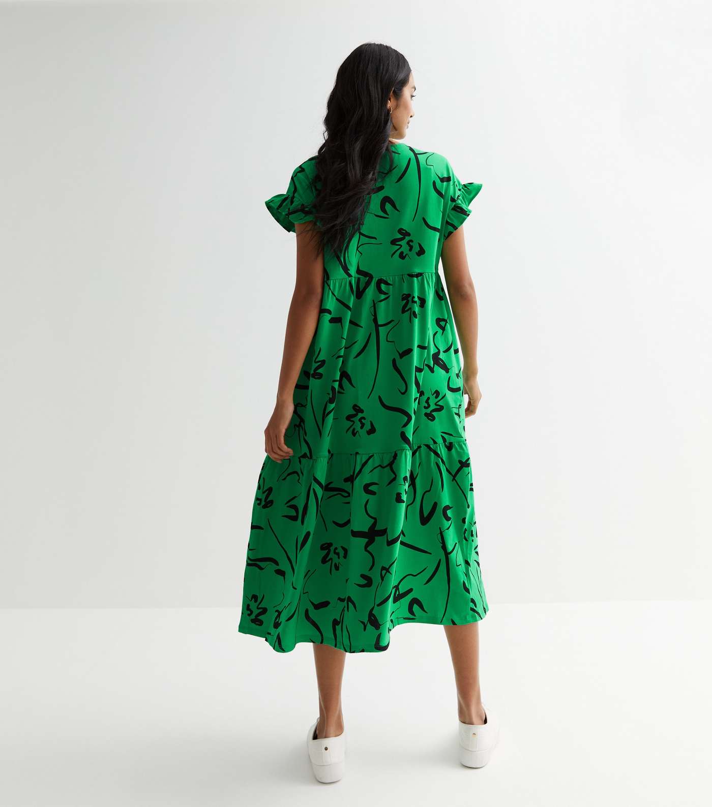 Green Abstract Short Frill Sleeve Midi Smock Dress Image 4
