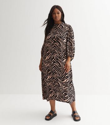 Brown Zebra Print High Neck Midi Dress New Look