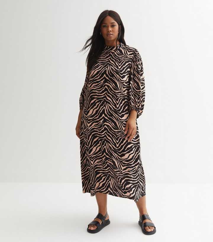 Brown Zebra Print High Neck Midi Dress | New Look