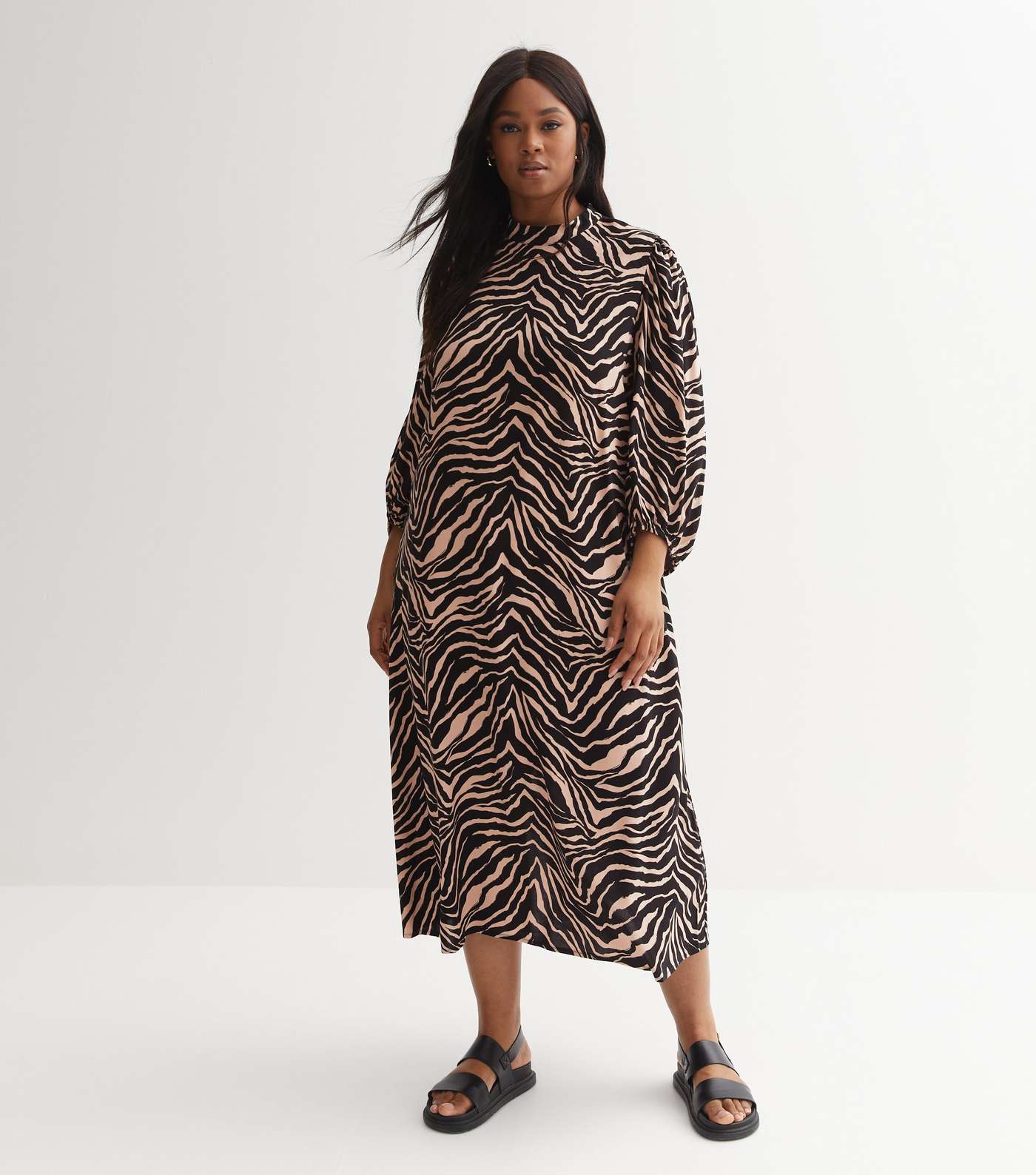 Brown Zebra Print High Neck Midi Dress Image 5