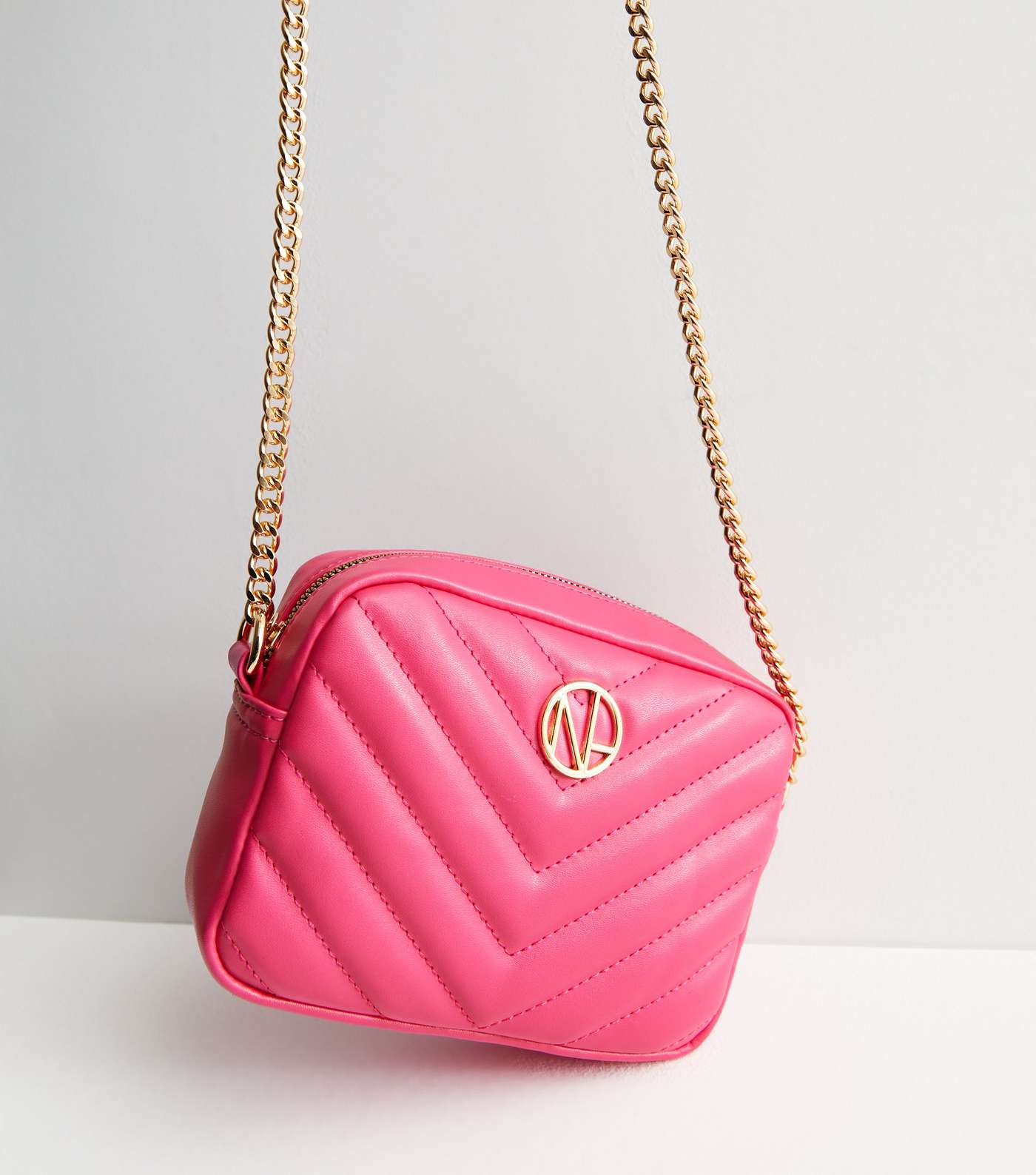 Pink Leather-Look Quilted Chain Cross Body Bag Image 3