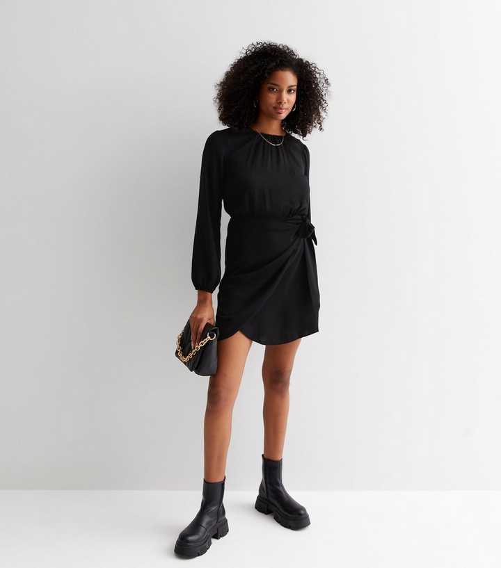 Black Long Puff Sleeve Mini Wrap Dress | New Look