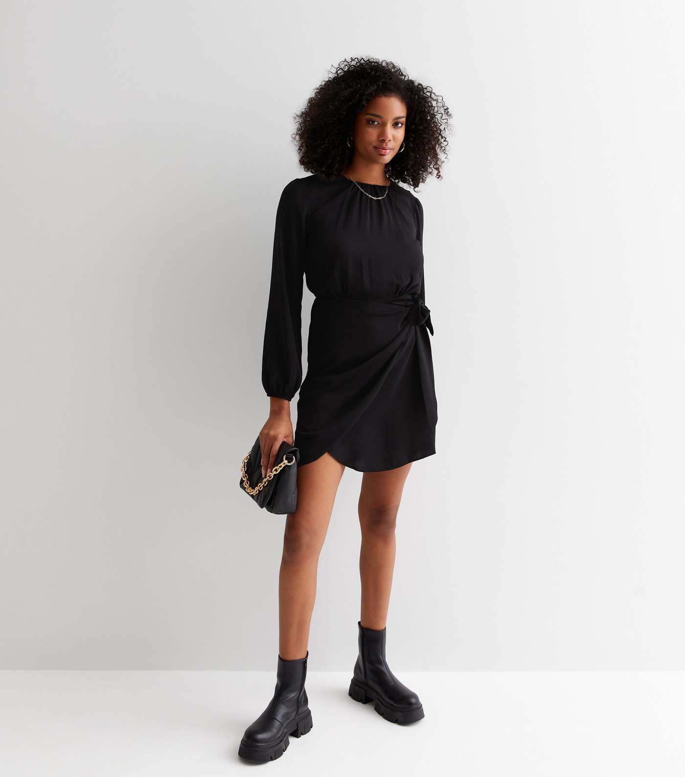 Black Long Puff Sleeve Mini Wrap Dress