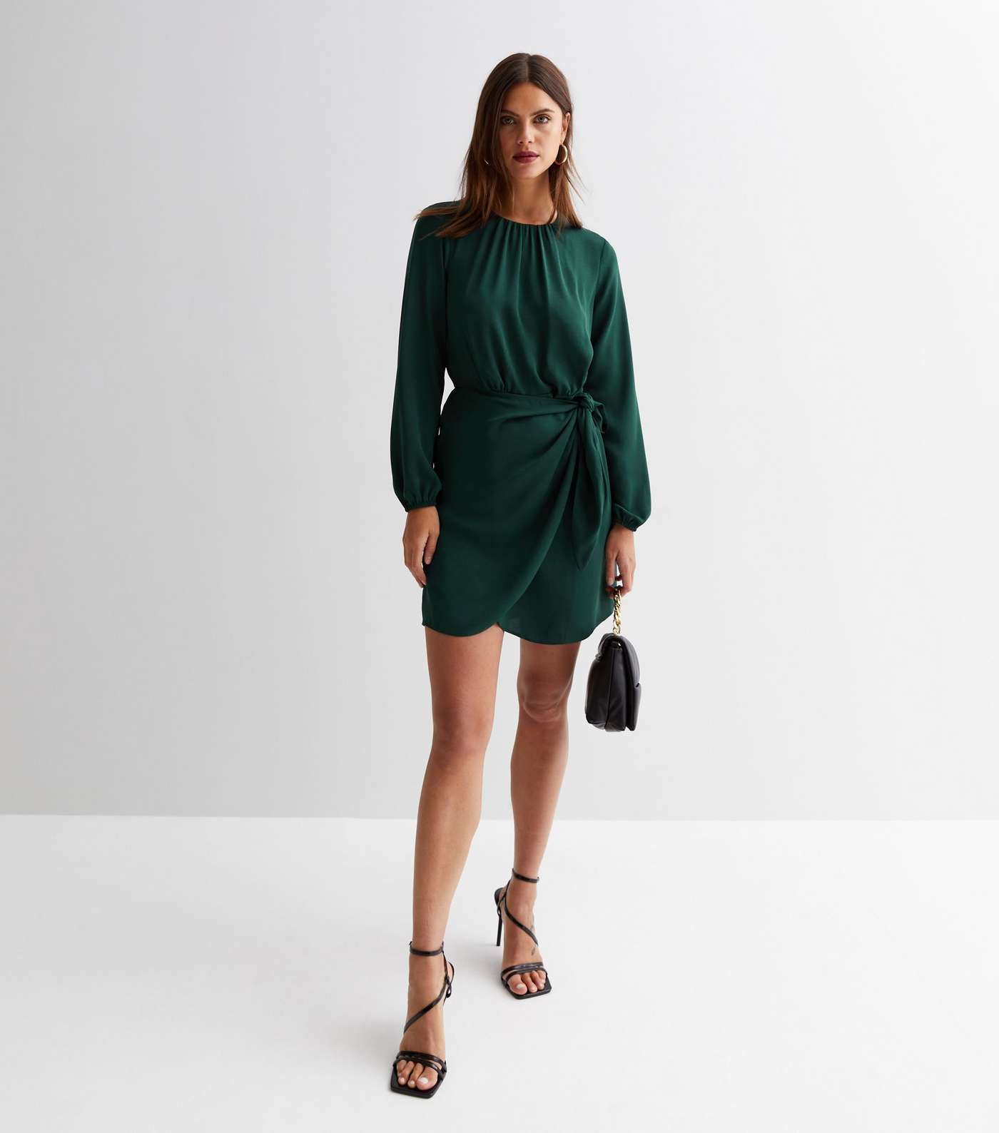 Dark Green Long Puff Sleeve Mini Wrap Dress
