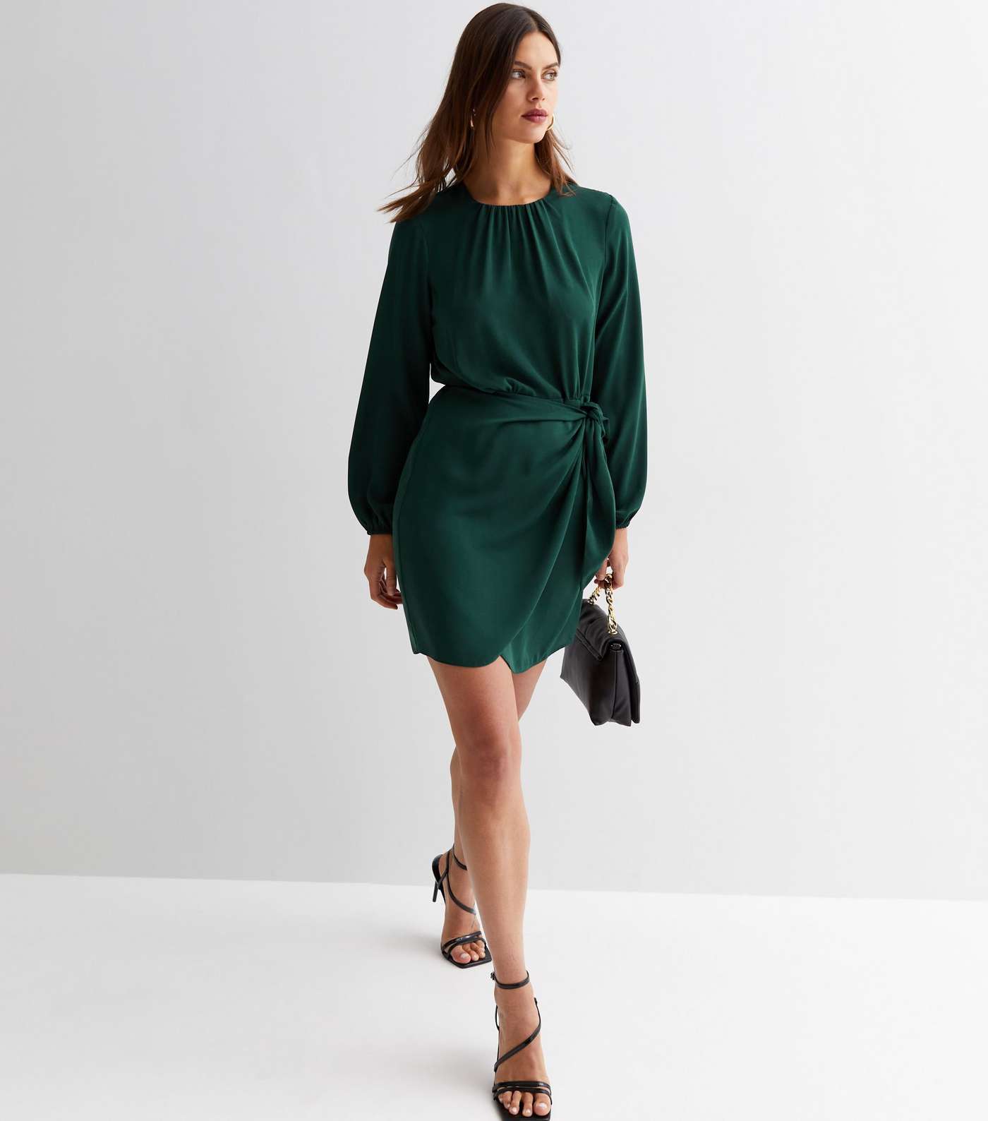 Dark Green Long Puff Sleeve Mini Wrap Dress Image 3