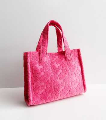 Bright Pink Floral Embossed Towelling Mini Tote Bag