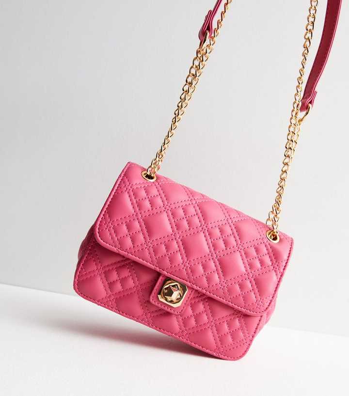 Bright Pink Leather-Look Quilted Chain Strap Cross Body Bag