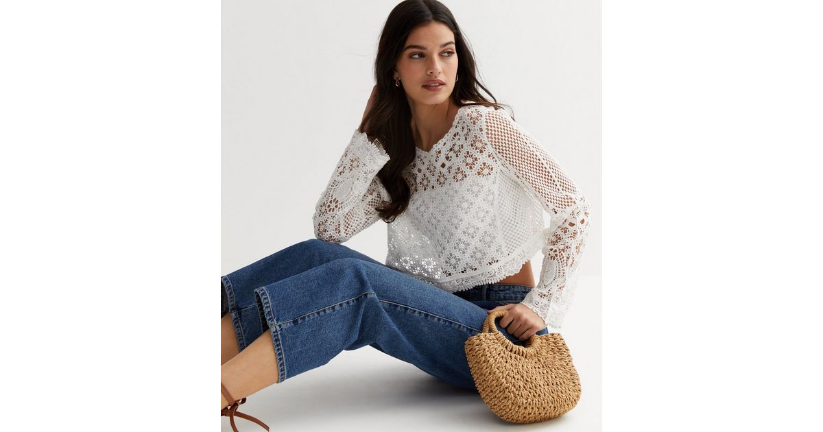 White Crochet Long Sleeve Crop Top | New Look