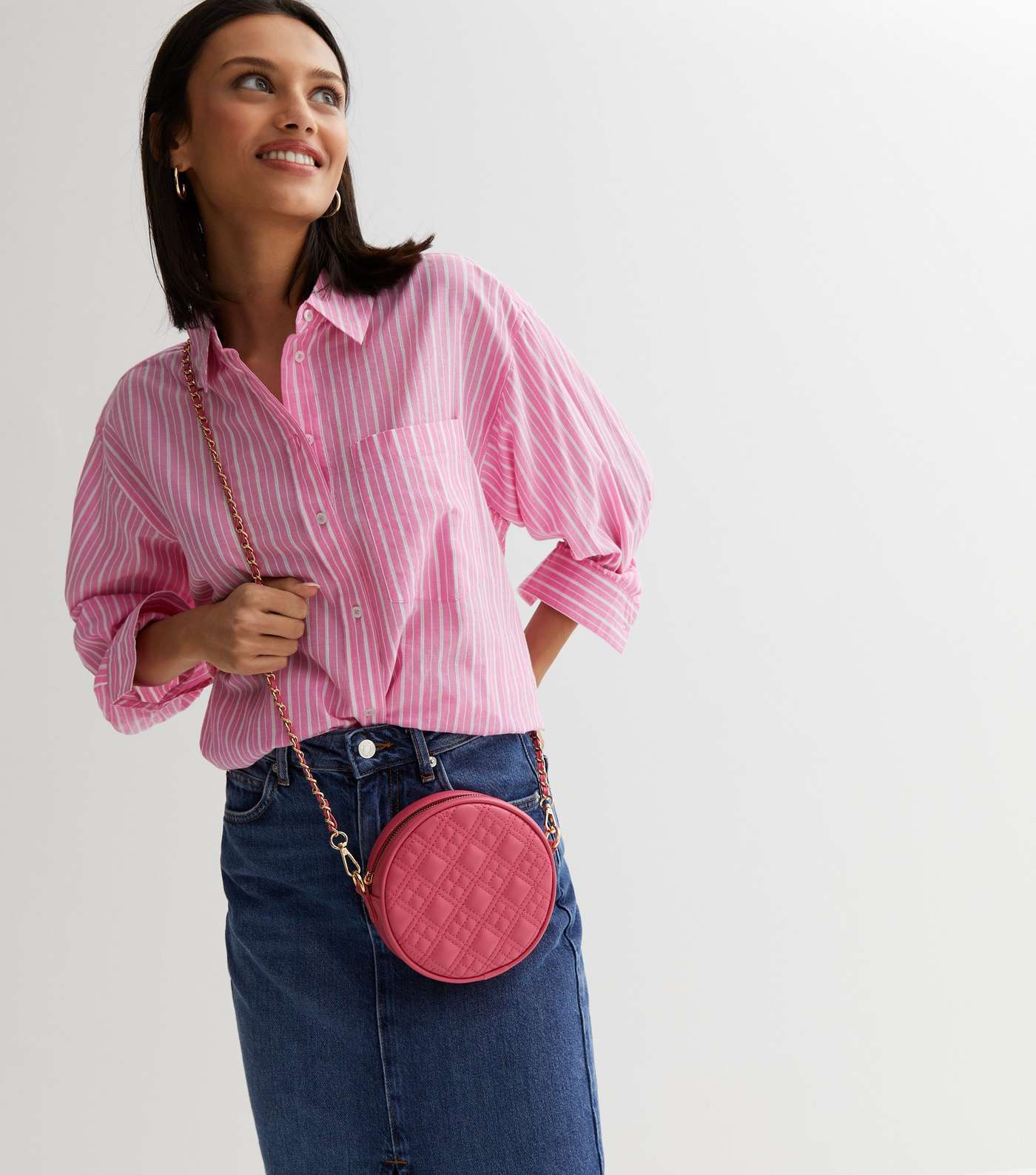 Bright Pink Leather-Look Quilted Circle Cross Body Bag Image 2