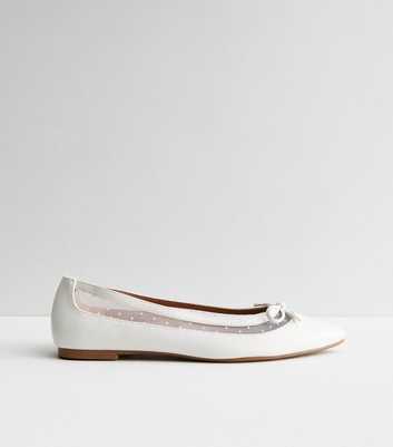 Wide Fit White Leather-Look Mesh Spot Bow Ballerina Pumps