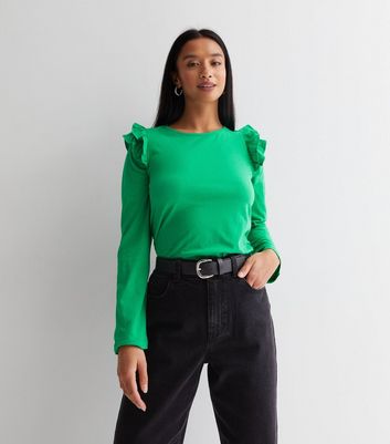 Petite Green Crew Neck Long Sleeve Frill Shoulder Top | New Look