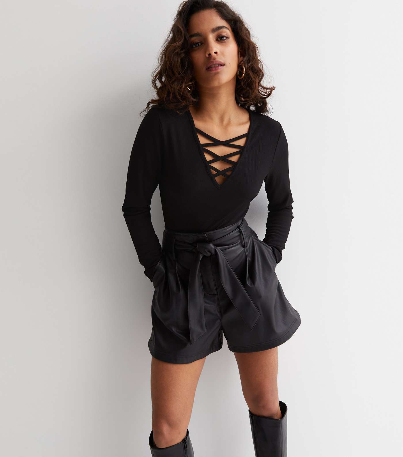 Petite Black Ribbed Lace Front Long Sleeve Bodysuit