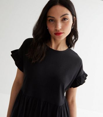 Petite Black Jersey Frill Sleeve Midi Smock Dress New Look