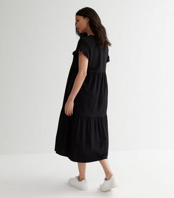 Petite Black Jersey Frill Sleeve Midi Smock Dress New Look