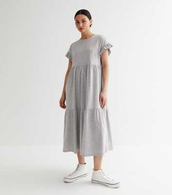 Petite Grey Jersey Frill Sleeve Midi Smock Dress