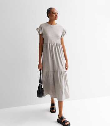 Tall Grey Frill Sleeve Tiered Midi Smock Dress