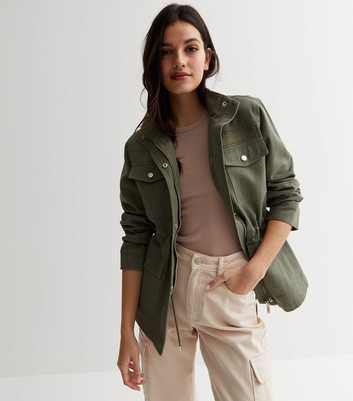 Khaki High Neck Pocket Front Jacket