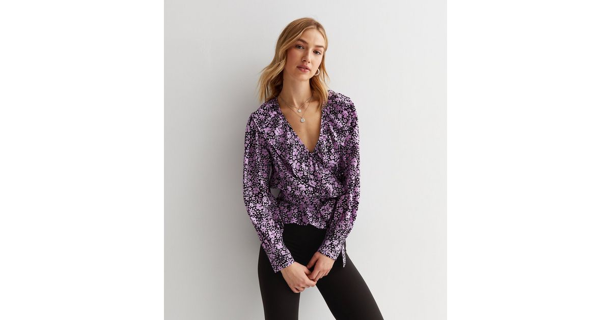Purple Floral Crepe Ruffle Peplum Wrap Blouse New Look
