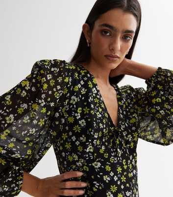 Black Ditsy Floral Chiffon Tie Front Blouse