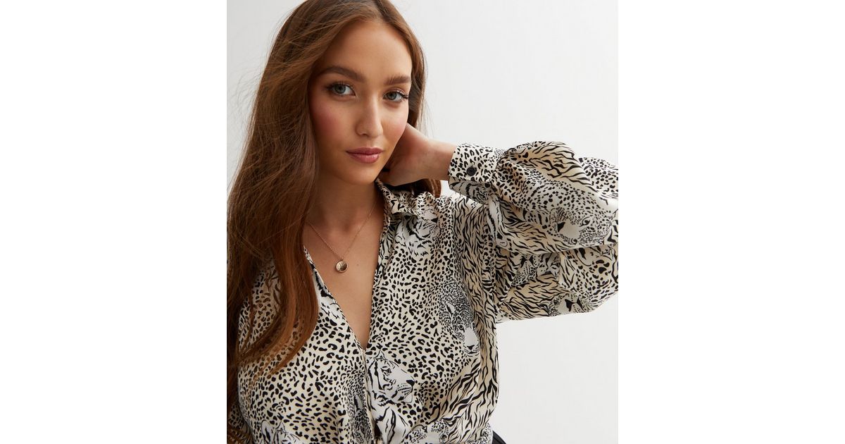 White Animal Print Satin Tie Front Shirt | New Look