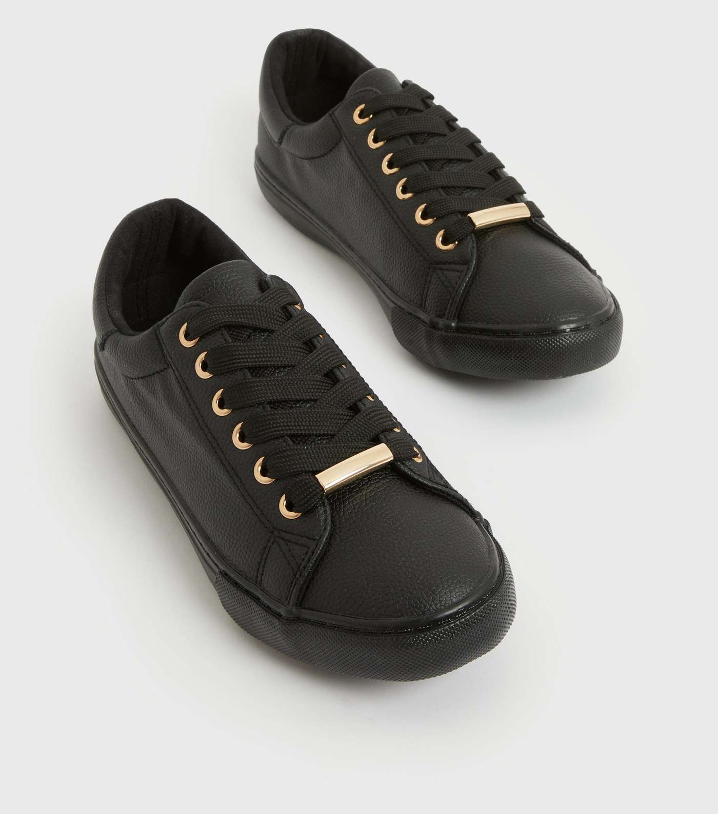 Wide Fit Black Leather-Look Metal Trim Lace Up Trainers Image 3