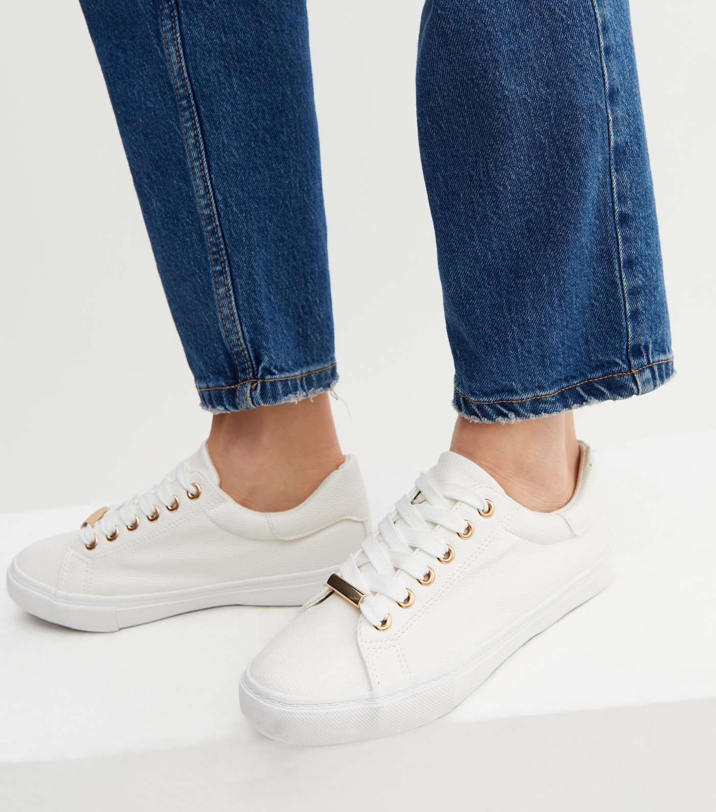 Wide Fit White Leather-Look Lace-Up Trainers Image 2