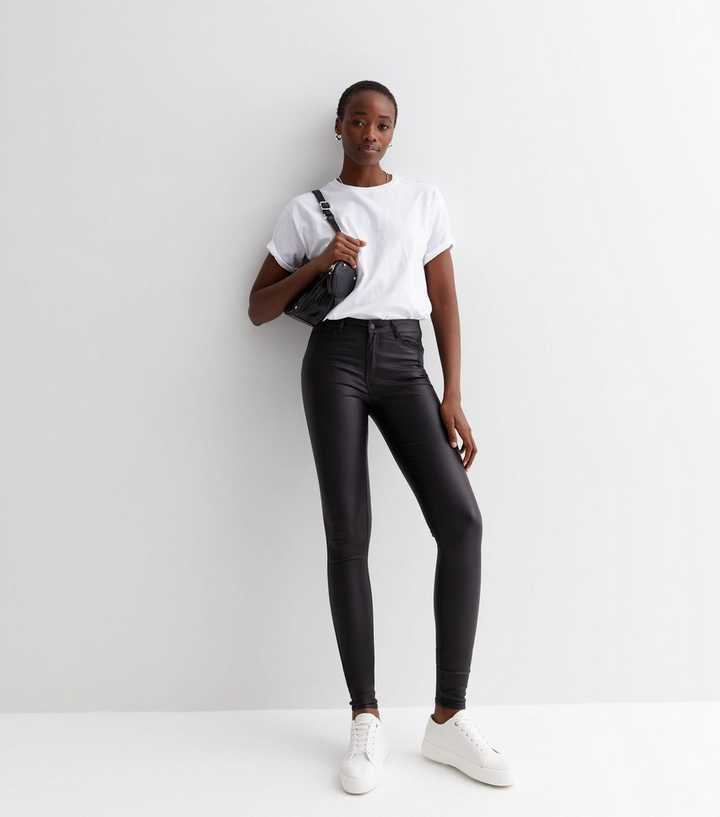 atom melon Resignation Vero Moda Black Coated Leather-Look Skinny Jeans | New Look