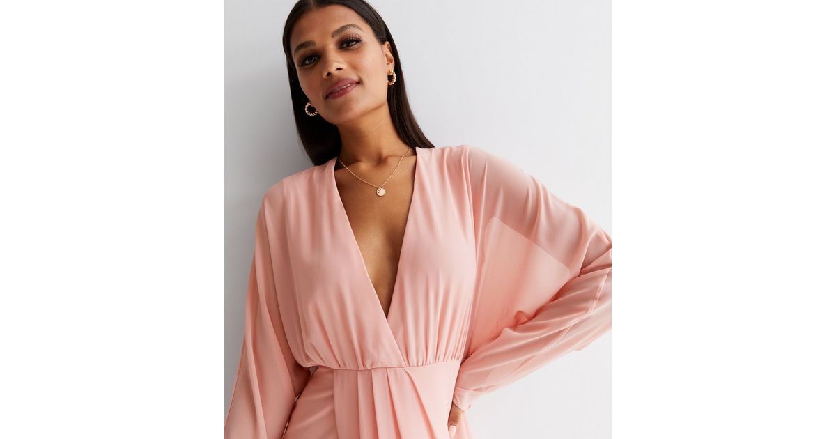 TFNC Mid Pink Plunge Neck Long Kimono Sleeve Maxi Wrap Dress New Look
