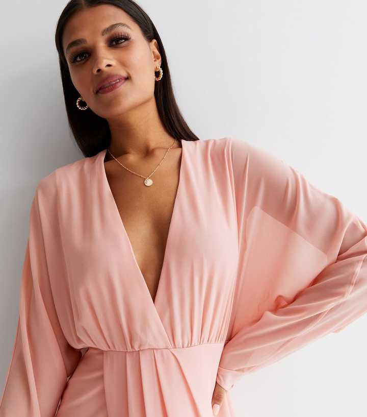 Tfnc Mid Pink Plunge Neck Long Kimono Sleeve Maxi Wrap Dress | New Look