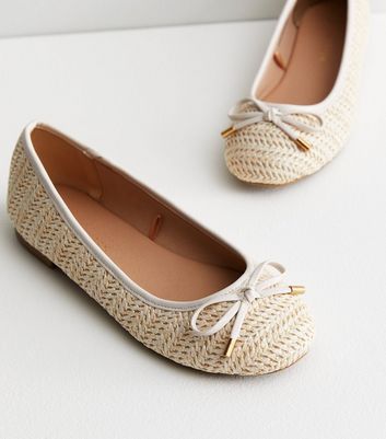 Off White Raffia Bow Ballerina Pumps New Look