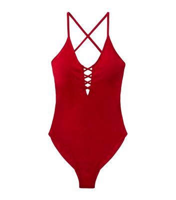 Dorina Red Lattice Cross Back Swimsuit | New Look