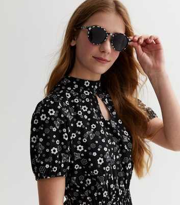 Girls Black Floral Round Frame Sunglasses