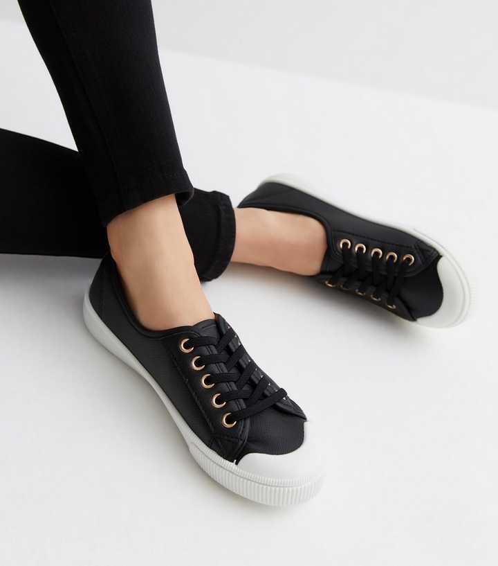 Leather Look Black Leather Ladies Trainers Buy Black Forever