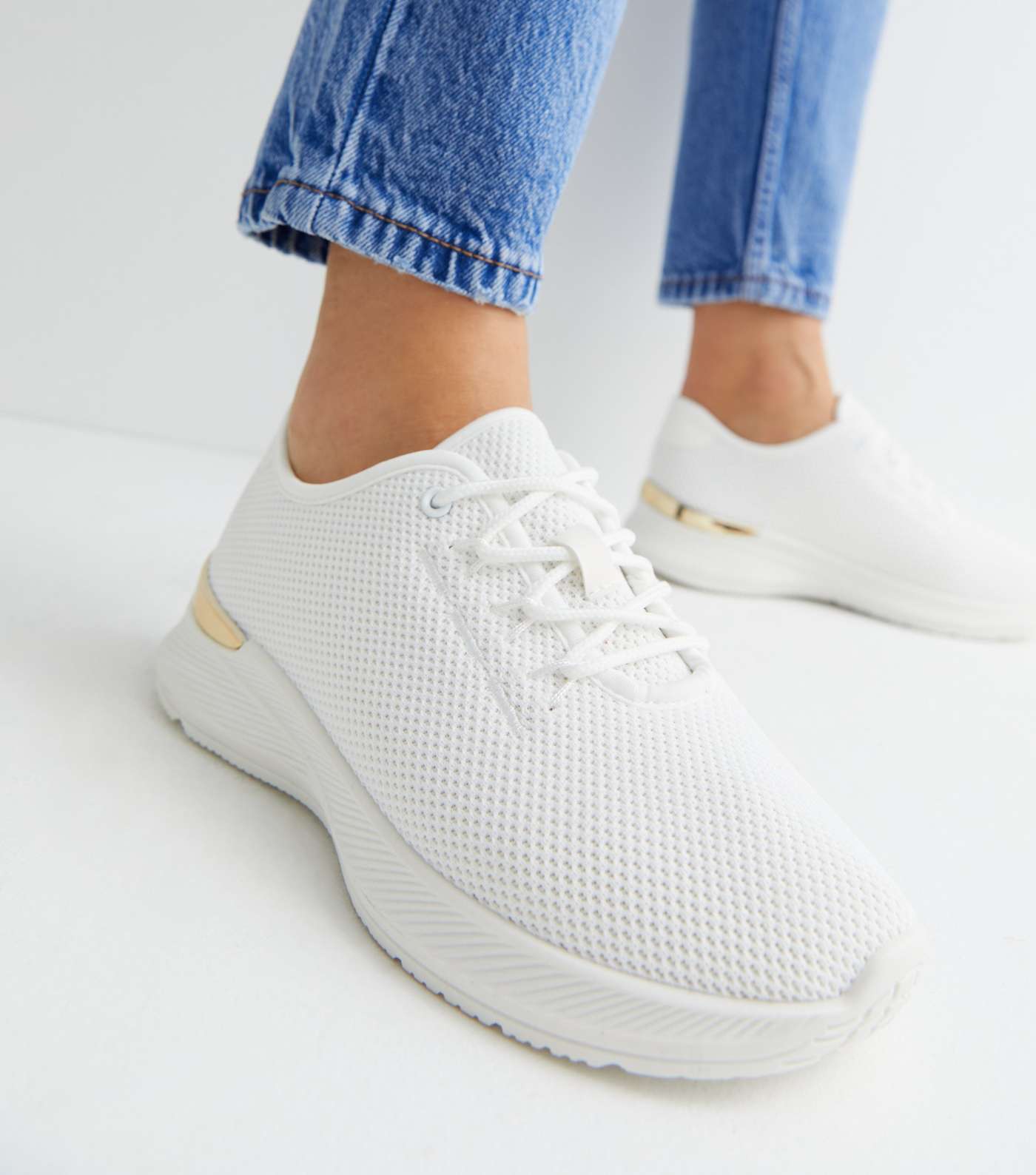White Knit Metal Trim Lace Up Trainers Image 2