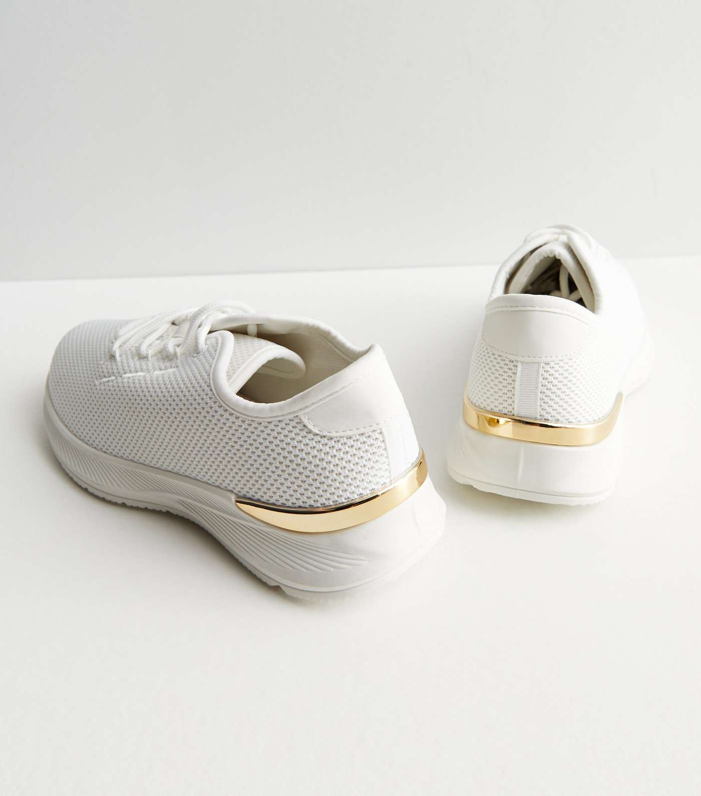 White Knit Metal Trim Lace Up Trainers Image 4