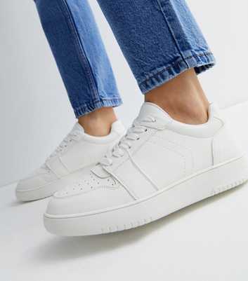White Leather-Look Perforated Lace Up Chunky Trainers