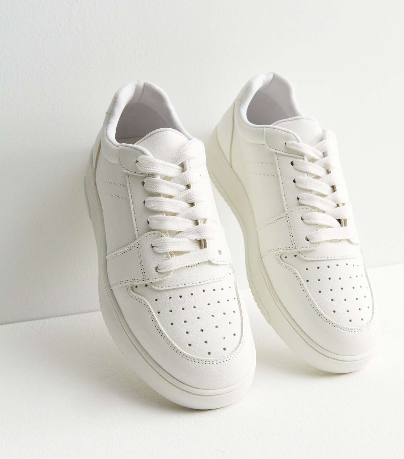 White Leather-Look Perforated Lace Up Chunky Trainers Image 2