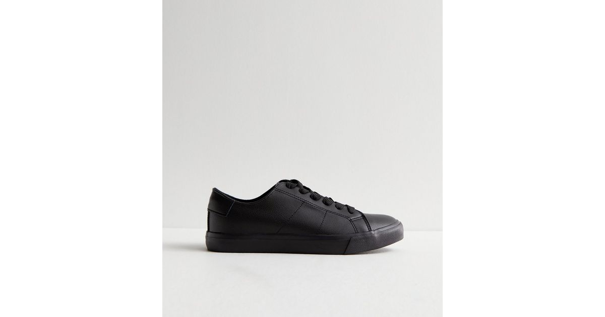 Black Leather-Look Lace Up Trainers New Look