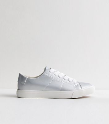 Silver Leather-Look Lace Up Trainers New Look Vegan
