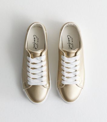 Gold Leather-Look Lace Up Trainers New Look Vegan