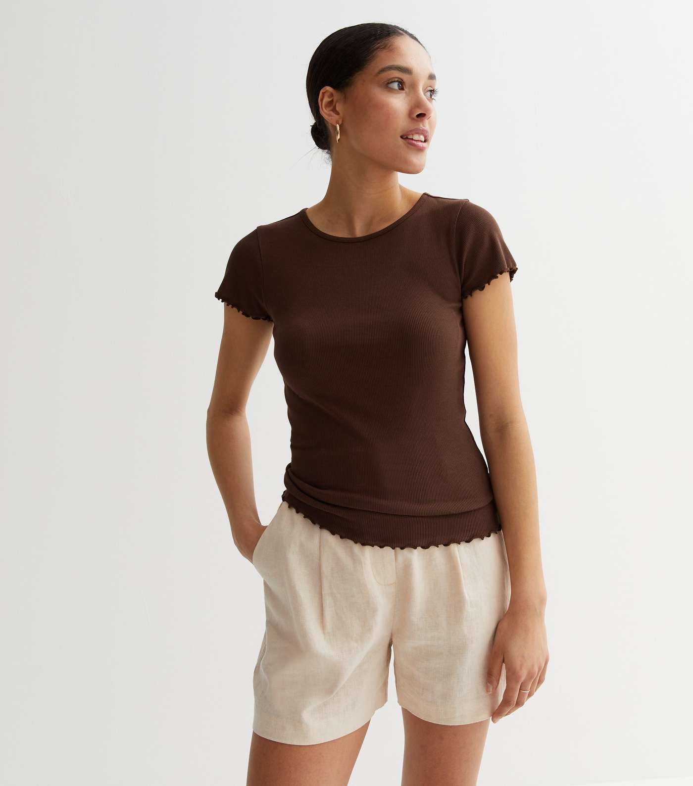 Dark Brown Ribbed Frill T-Shirt Image 2