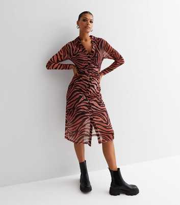 Brown Tiger Print Mesh Long Sleeve Midi Shirt Dress