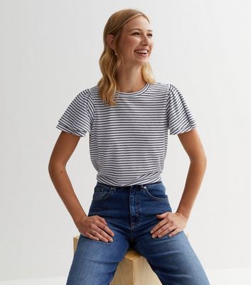 White Stripe Crew Neck Short Layered Sleeve T-Shirt | New Look