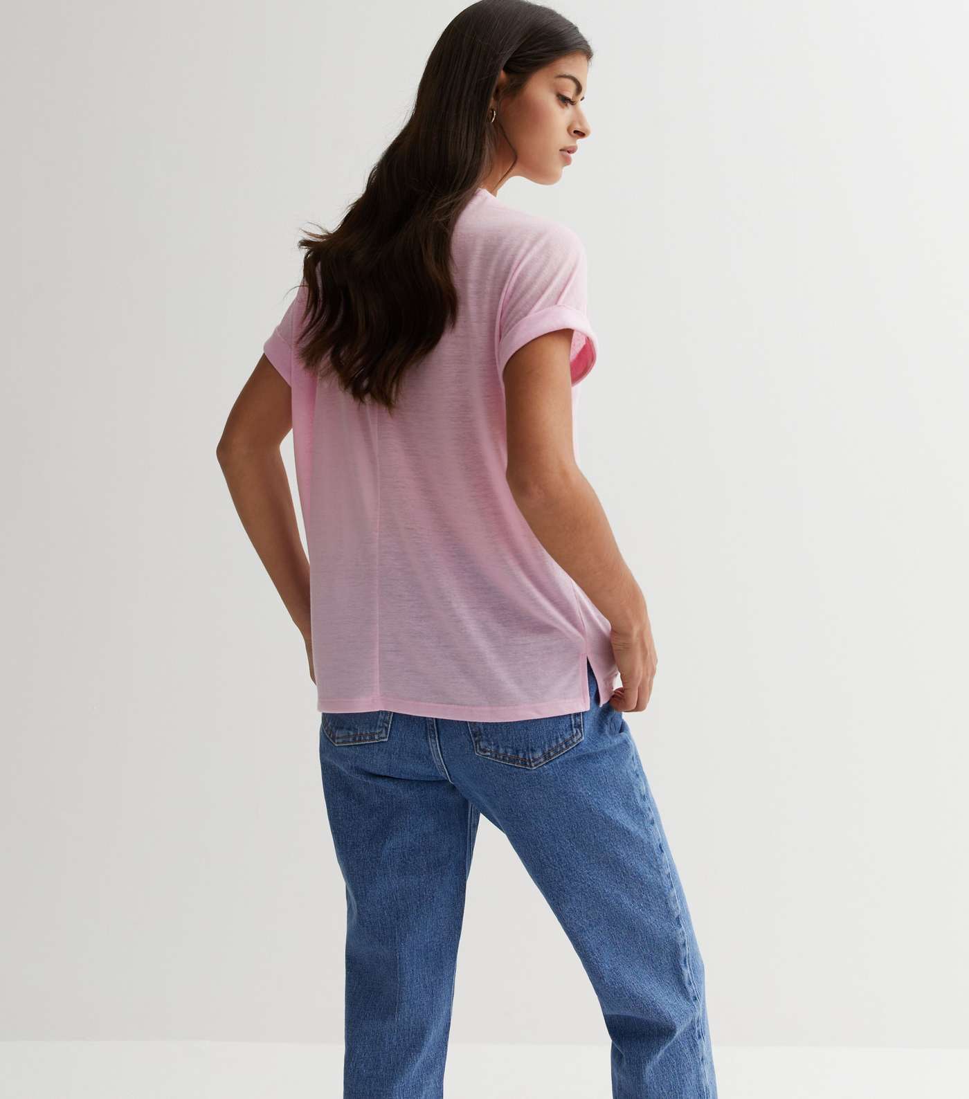 Pink Crew Neck Roll Sleeve T-Shirt Image 4