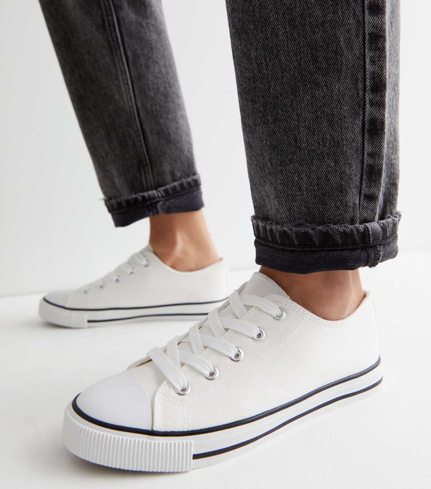 White Canvas Lace Up Trainers Image 2